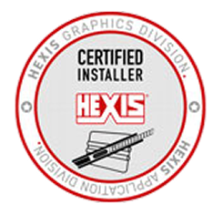 Two round certification badges: HEXIS certified installer and training company with red arrow and Swiss cross.