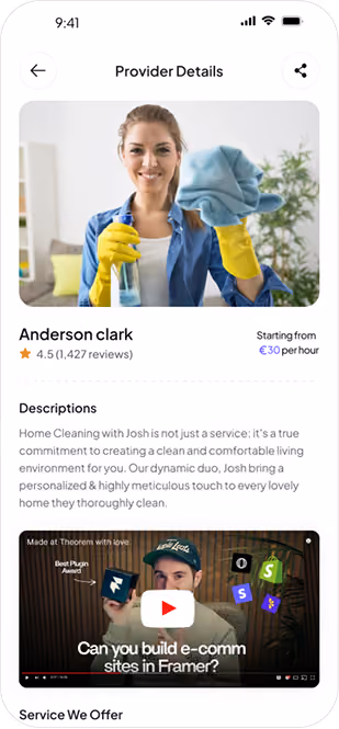 Screen shows provider Anderson Clark's cleaning service profile with photo, ratings, price, and description.