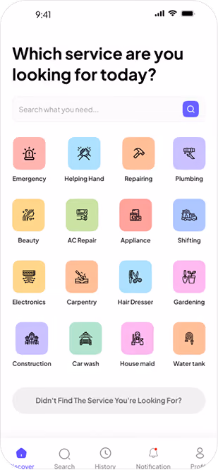 Mobile app screen showing services menu with icons for Emergency, Plumbing, AC Repair, Carpentry, and more.