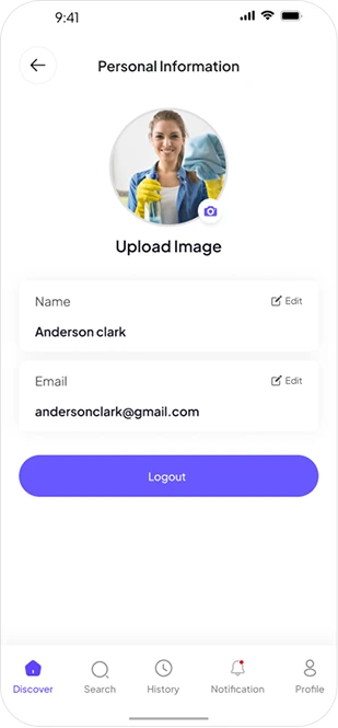 Mobile app personal info screen showing user photo, name Anderson Clark, email, and a logout button.