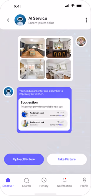 Mobile app screen showing AI service suggesting local carpenters and plumbers with kitchen photos.