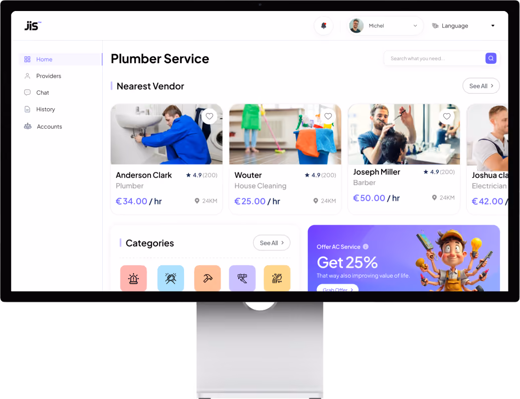 Dashboard screen showing plumber service listings with vendors, prices, ratings, and service categories.