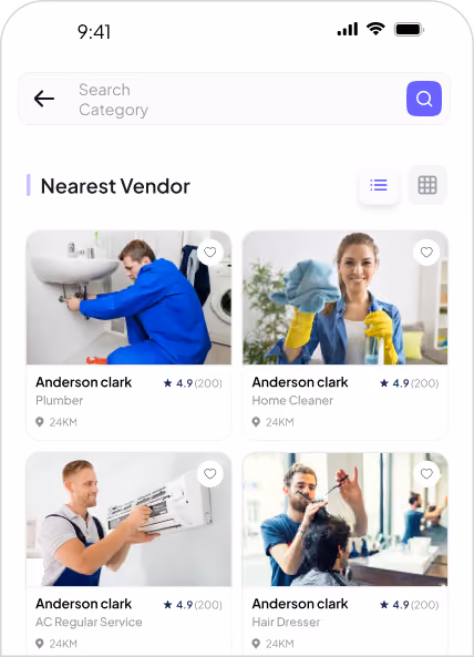 Mobile app screen listing nearest vendors with photos of a plumber, cleaner, AC service, and hairdresser.