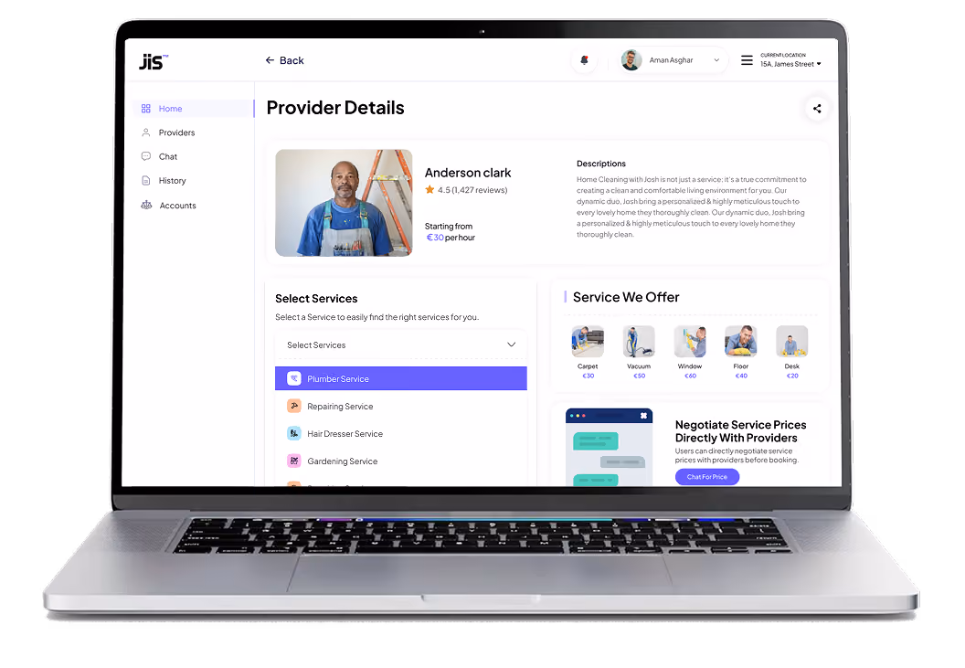 Laptop screen shows service provider profile details, service options, and price negotiation chat feature.