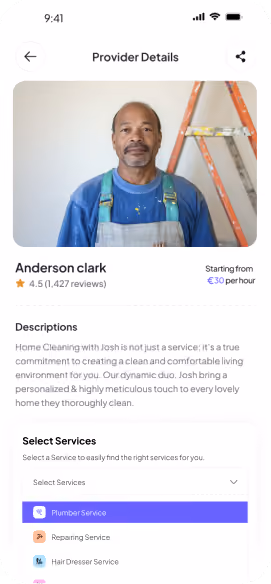 Profile of a male home cleaning provider wearing blue overalls with a ladder in the background.
