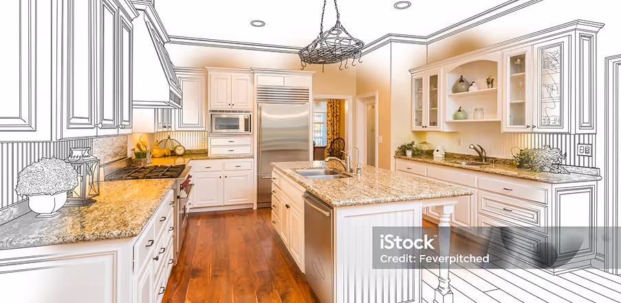 Modern kitchen with white cabinets, granite countertops, a center island with sink, hardwood flooring, and stainless steel appliances, blending from sketch to full color.