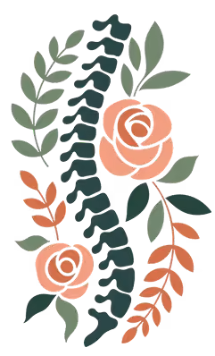 Illustration of a vertical spine with green leaves and orange roses around it.