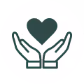 Two hands cupping a heart symbol above them on a white circular background.