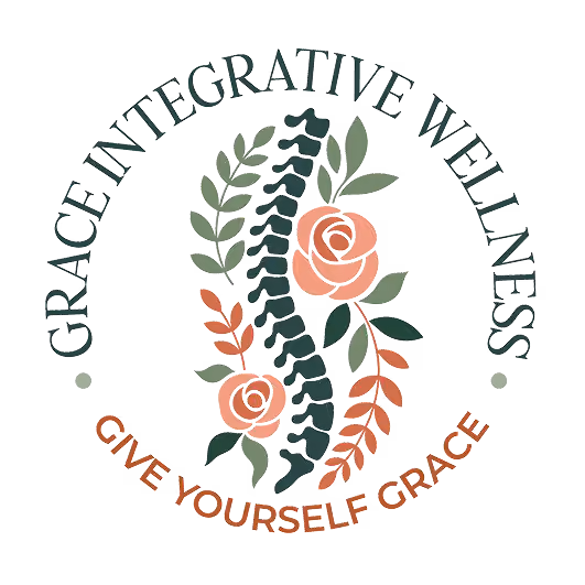 Logo with a spine entwined with green and orange flowers and text Grace Integrative Wellness.
