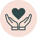 Two hands cupped upward holding a heart symbol above them on a peach background.