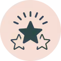 Three stars with a filled star in the middle and two outlined stars on each side surrounded by lines.