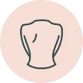 Simple line drawing of a female torso from back view inside a rounded square background.