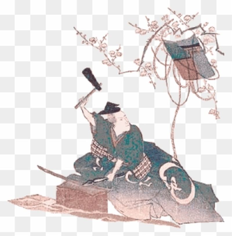 A traditional Japanese artisan at work — kneeling, mallet raised, tools laid out in order, working with calm focus. The craftsman's preparation is the spirit of dandori.
