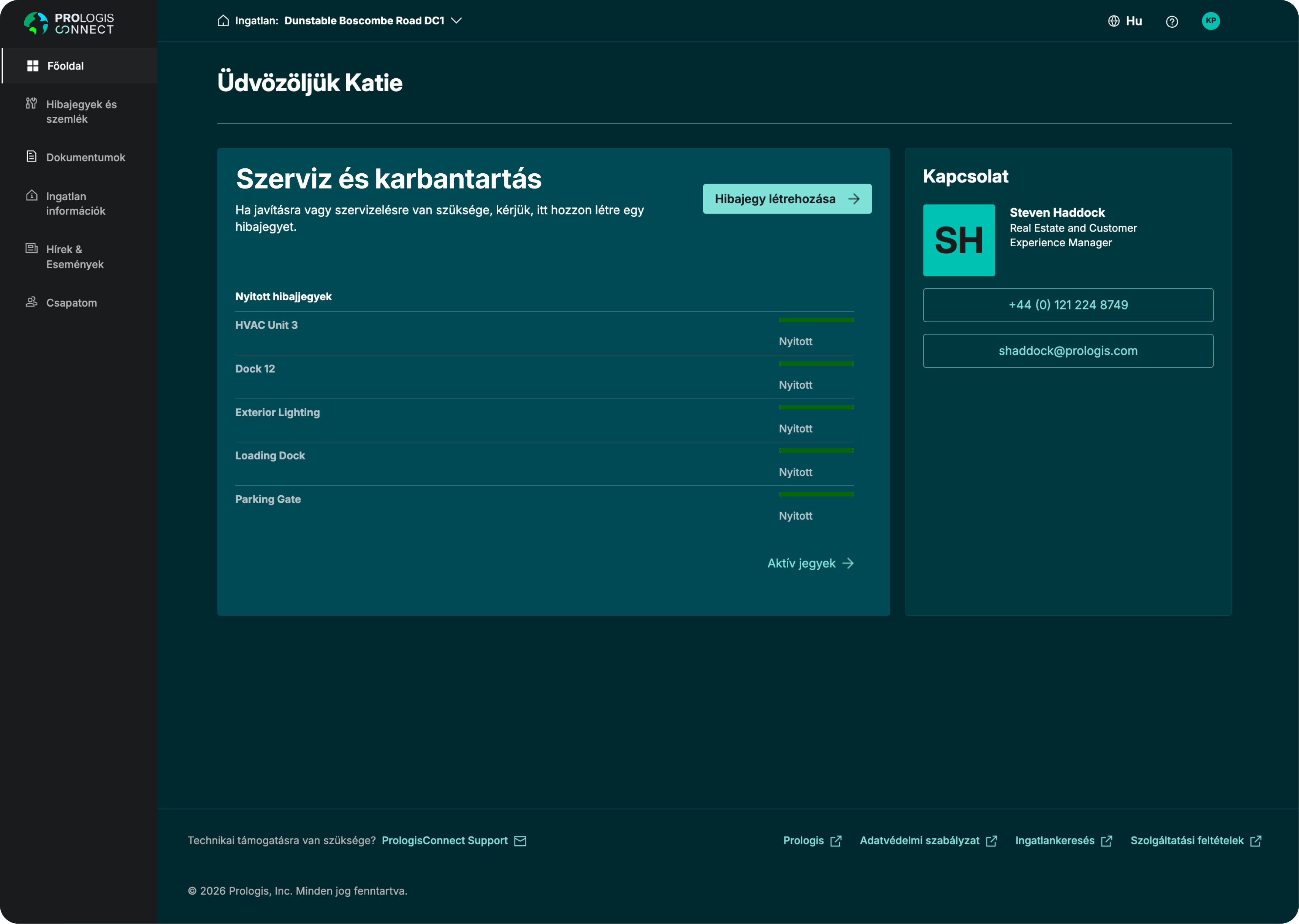 A PrologisConnect irányítópultján egy helyen érhetők el a telephelyhez kapcsolódó információk, dokumentumok, szervizigények és az ügyféltámogatási elérhetőségek.
