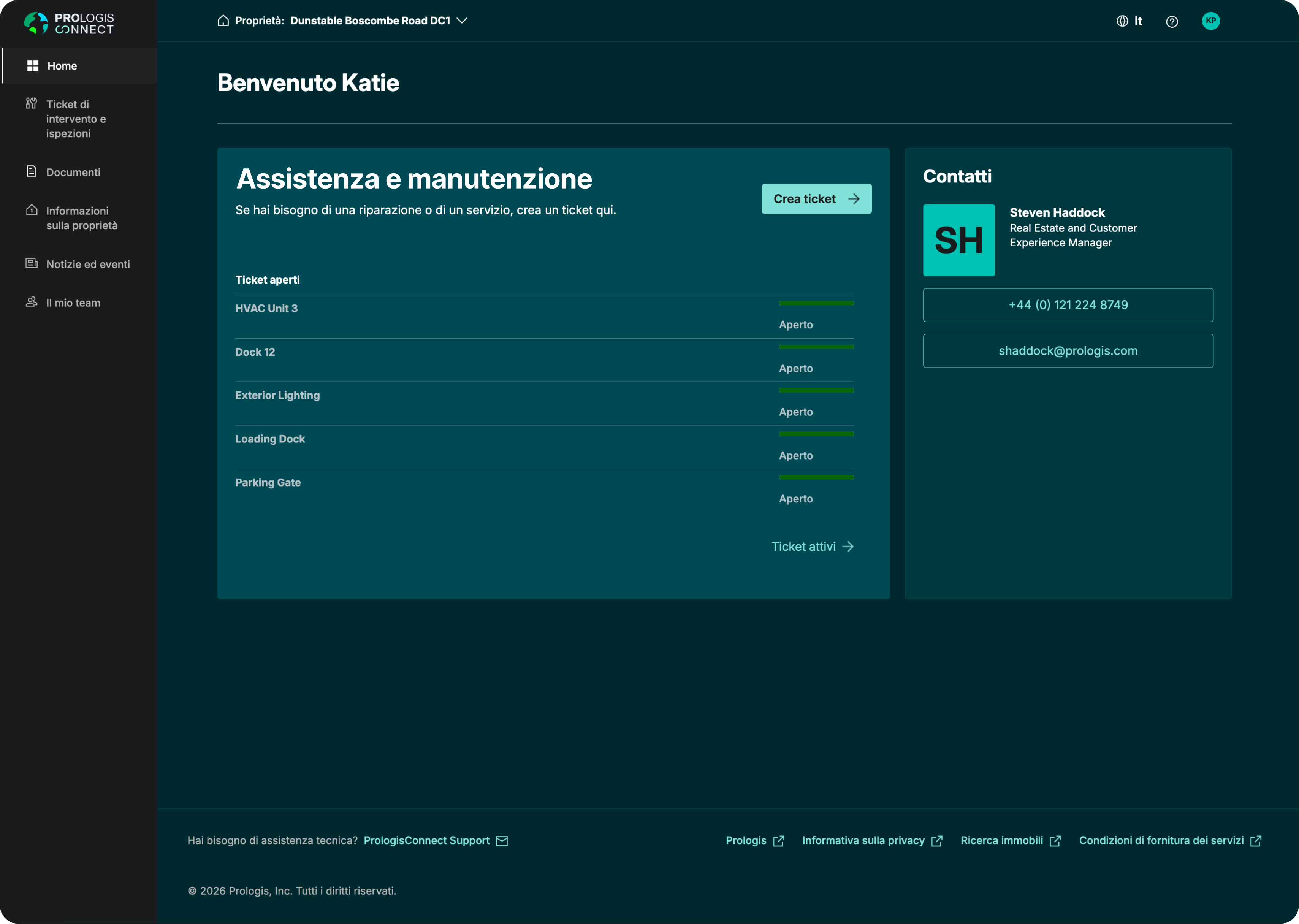Dashboard di PrologisConnect con informazioni sull'immobile, documenti, richieste di assistenza e contatto dell'assistenza clienti.
