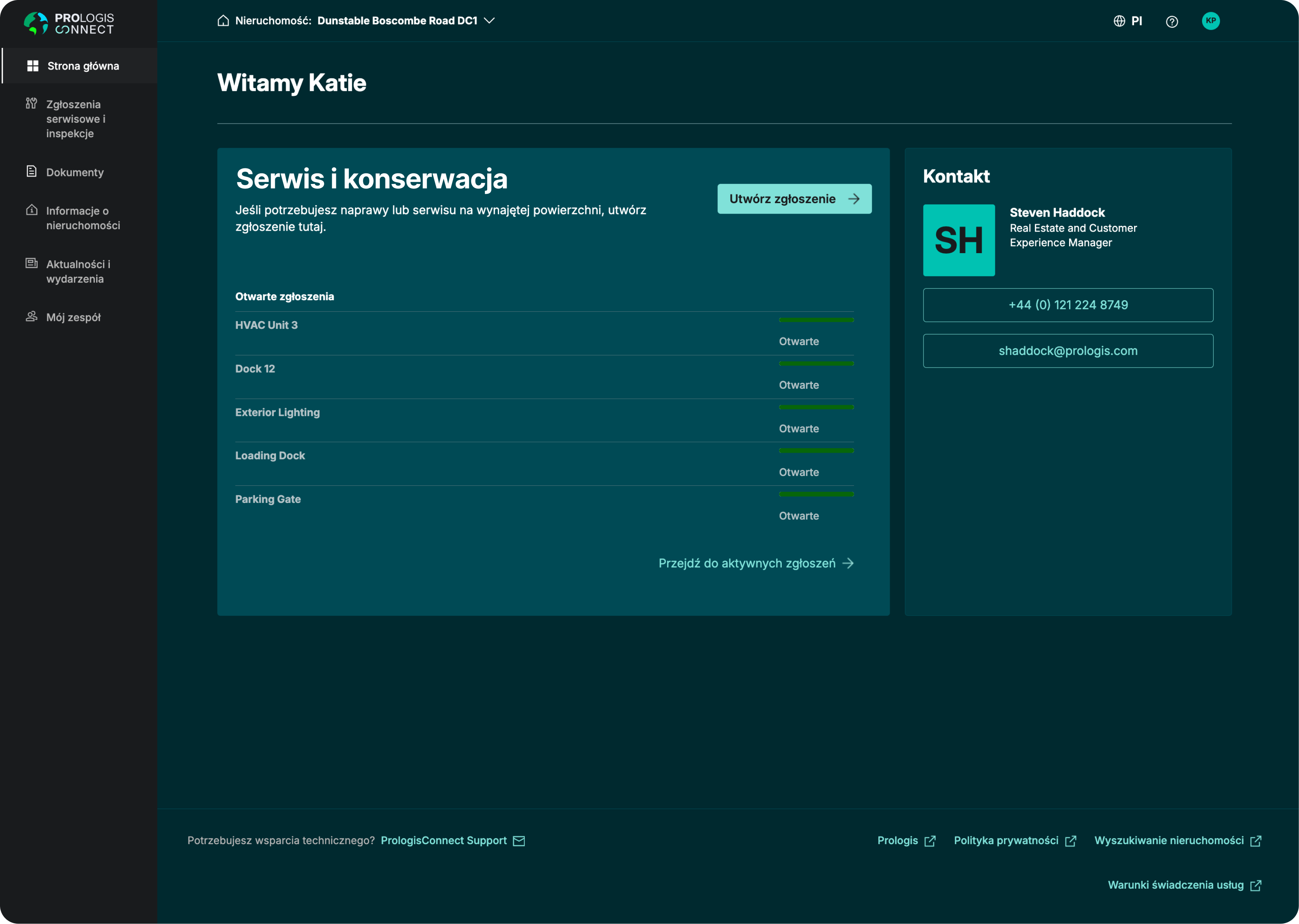 Panel PrologisConnect z informacjami o nieruchomości, dokumentami, zgłoszeniami serwisowymi oraz danymi kontaktowymi do działu obsługi klienta.
