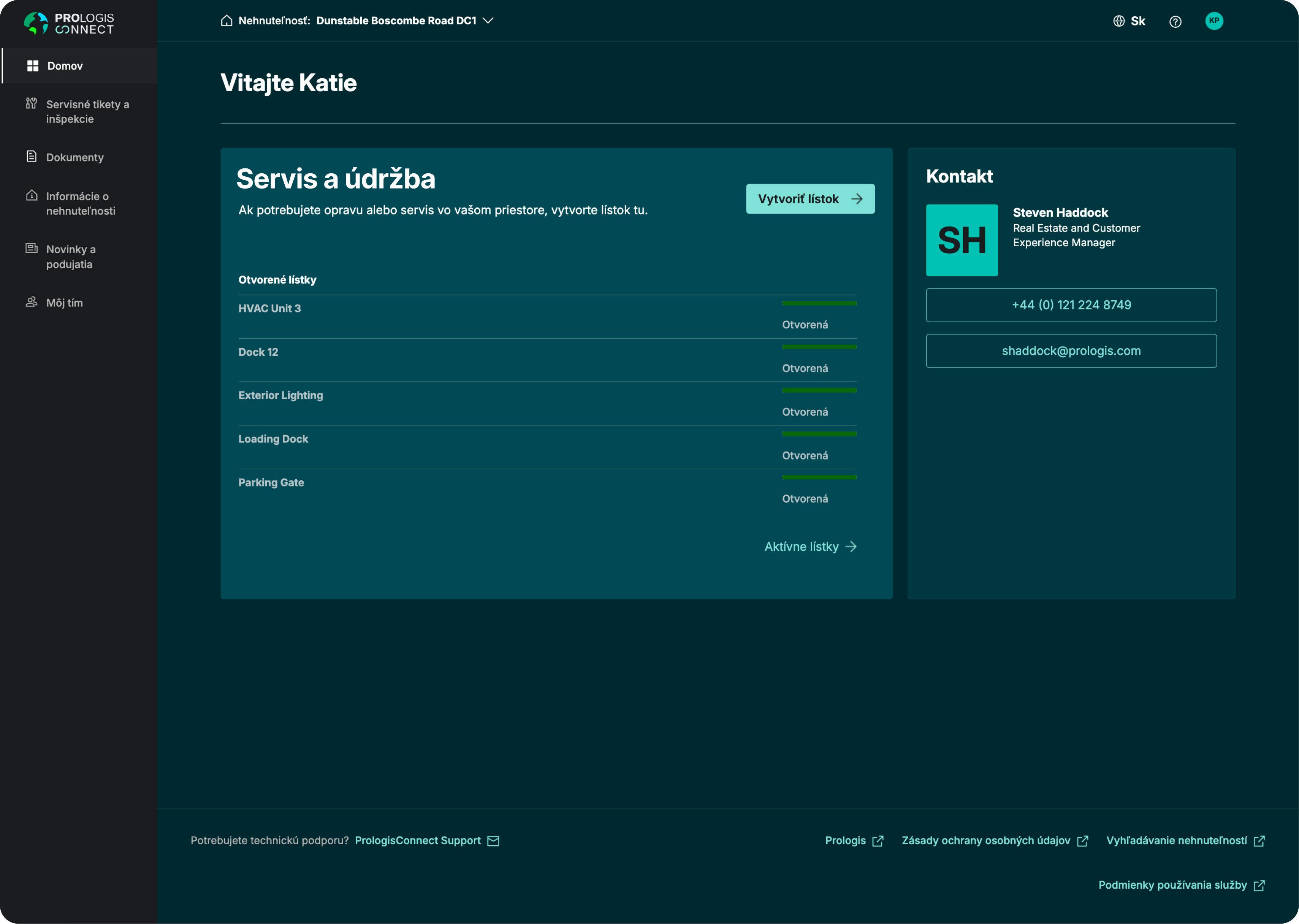 Ovládací panel PrologisConnect s informáciami o nehnuteľnosti, dokumentmi, servisnými požiadavkami a kontaktom na zákaznícku podporu.
