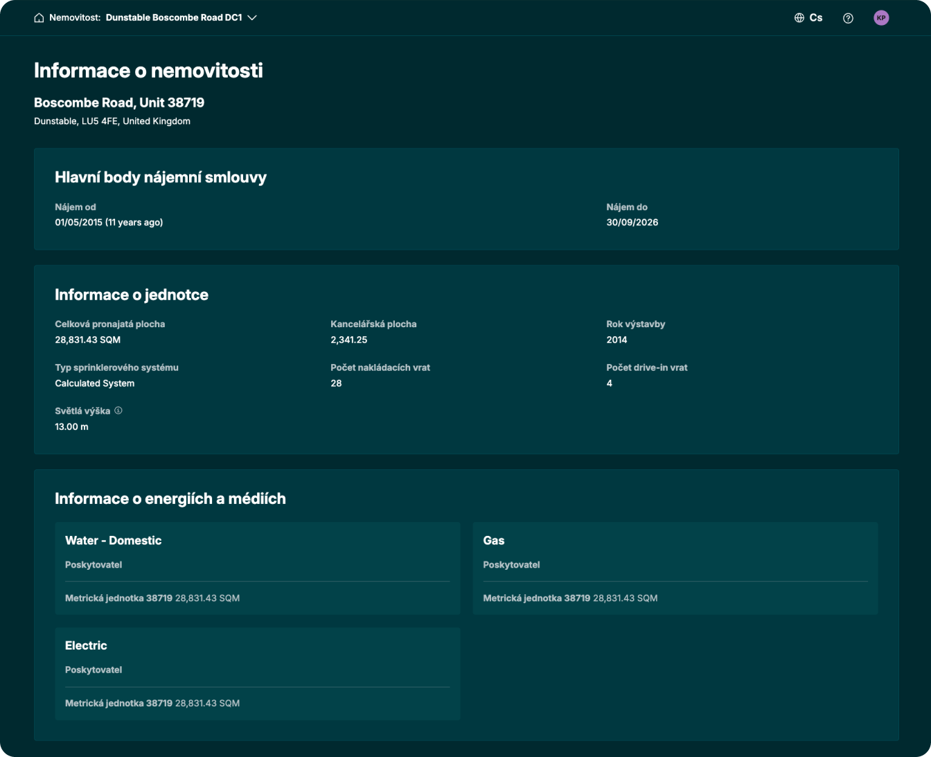 Ukázka provozního přehledu v zabezpečeném portálu PrologisConnect s detaily o nemovitosti.

