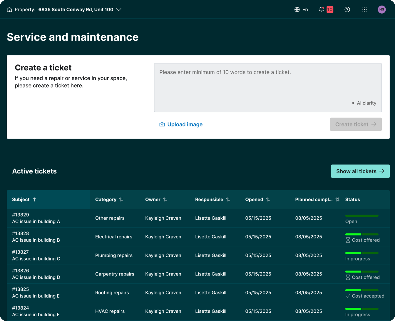 PrologisConnect service request screen showing a form to submit a new service request and the status of open maintenance tickets.