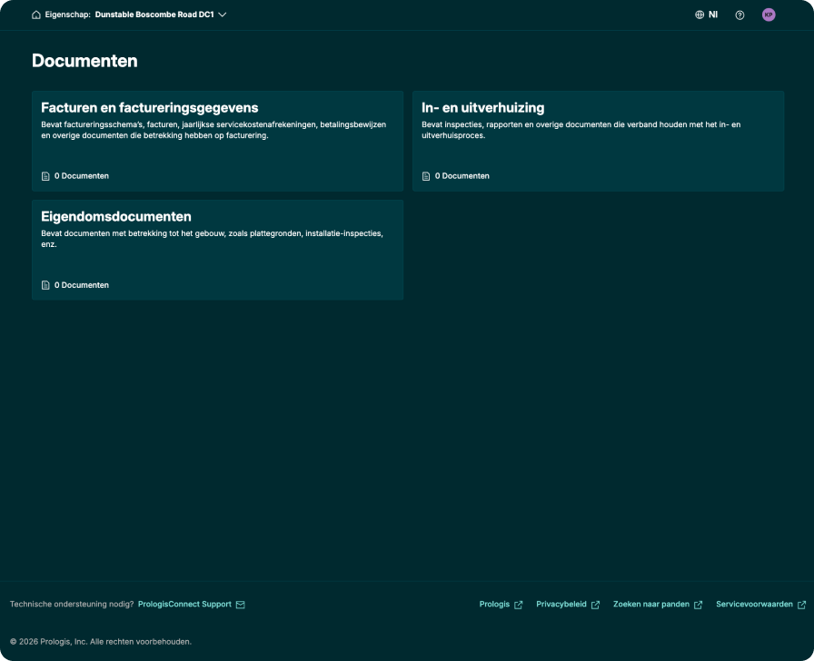 PrologisConnect-documentenscherm met vastgoed- en huurovereenkomstdocumenten overzichtelijk beschikbaar in één beveiligd portaal voor eenvoudige toegang.
