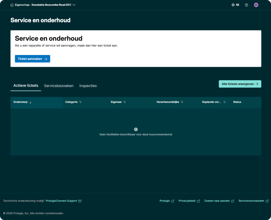 PrologisConnect-scherm voor serviceverzoeken met een formulier om een nieuw serviceverzoek in te dienen en de status van openstaande onderhoudsmeldingen.
