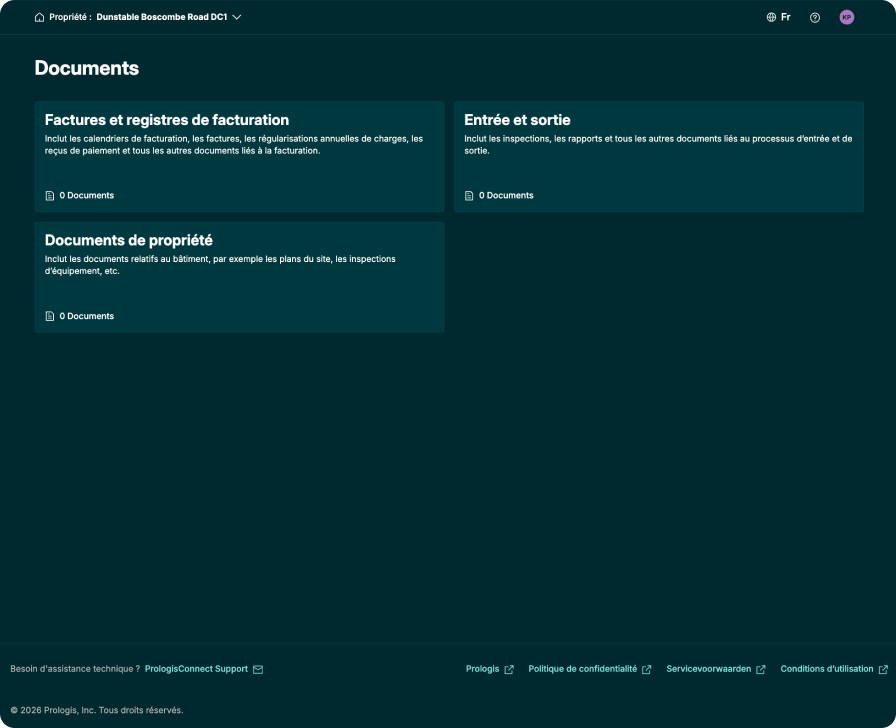 Écran des documents de PrologisConnect présentant les documents relatifs au site et au bail, organisés dans un portail sécurisé pour un accès simplifié.
