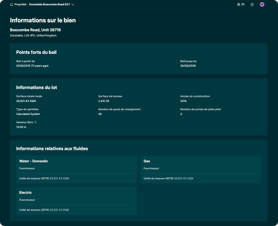 Vue opérationnelle de PrologisConnect présentant les informations sur le site et les données essentielles dans un portail sécurisé.
