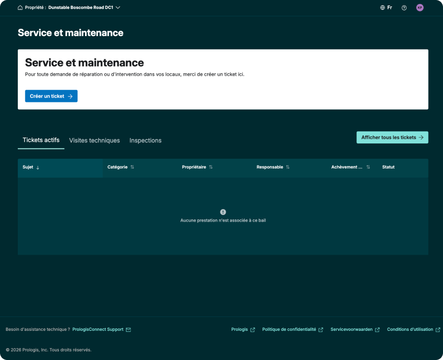 Écran des demandes d'intervention de PrologisConnect affichant un formulaire pour soumettre une nouvelle demande ainsi que le statut des demandes de maintenance en cours.
