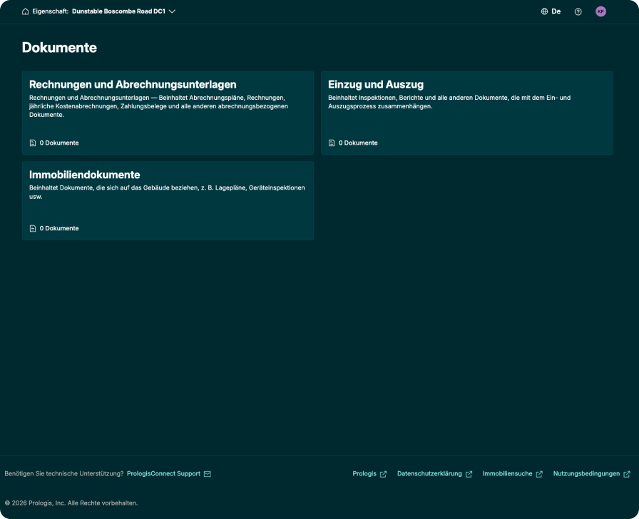 PrologisConnect Dokumentenübersicht mit Immobilien- und Mietvertragsunterlagen – übersichtlich, jederzeit griffbereit und sicher an einem Ort.
