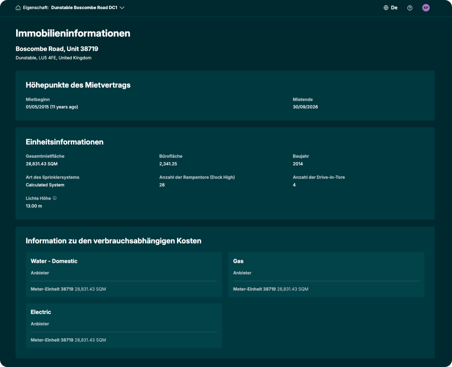 PrologisConnect Übersicht mit Immobilieninformationen und allen wichtigen Details – zentral in einem sicheren Portal.
