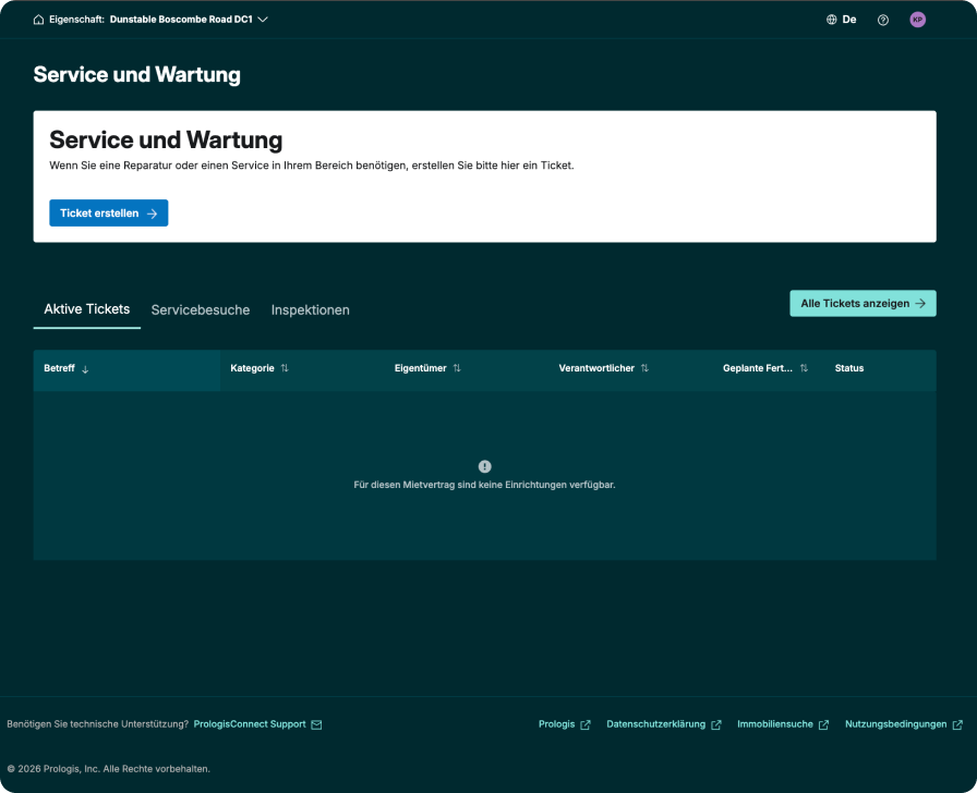 PrologisConnect Übersicht für Serviceanfragen mit einem Formular zur Erstellung neuer Anfragen und dem Status offener Wartungsaufträge.
