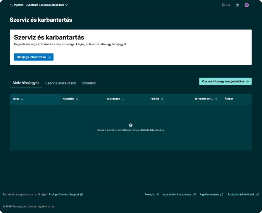 A PrologisConnect szervizigény-kezelő felülete, amely egy új szervizigény beküldésére szolgáló űrlapot és a nyitott karbantartási kérelmek állapotát jeleníti meg.
