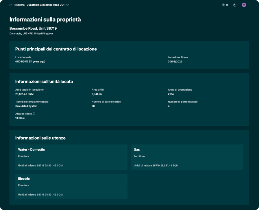 A PrologisConnect működési nézete egyetlen biztonságos portálon jeleníti meg az ingatlan részleteit és a legfontosabb információkat.
