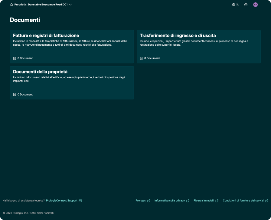 Ekran dokumentów PrologisConnect z dokumentami dotyczącymi nieruchomości i umowy najmu, uporządkowanymi w jednym bezpiecznym portalu, aby zapewnić łatwy dostęp.
