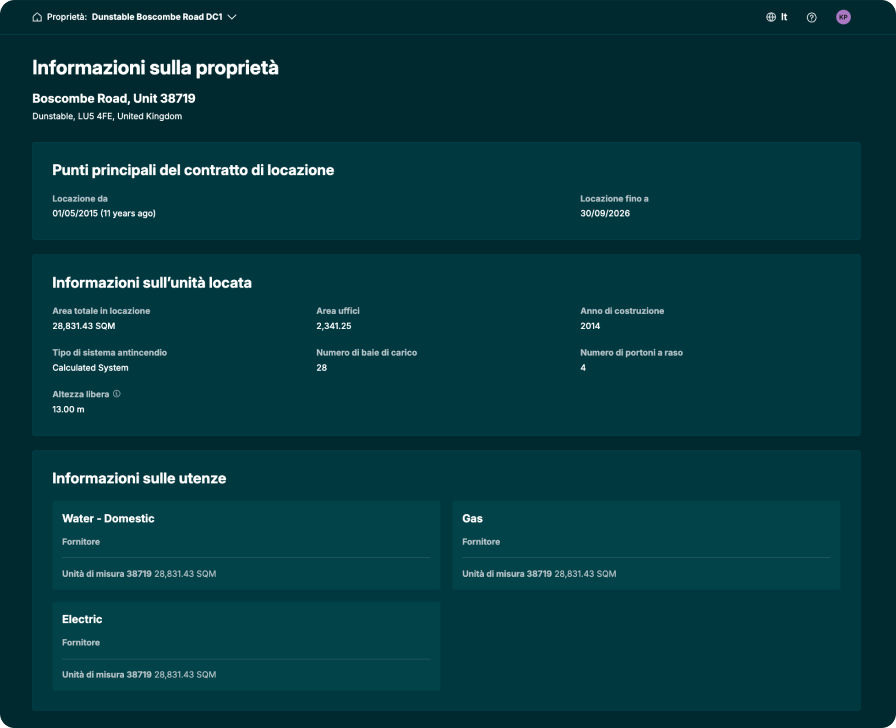 Widok operacyjny PrologisConnect z informacjami o nieruchomości i najważniejszymi danymi w jednym bezpiecznym portalu.
