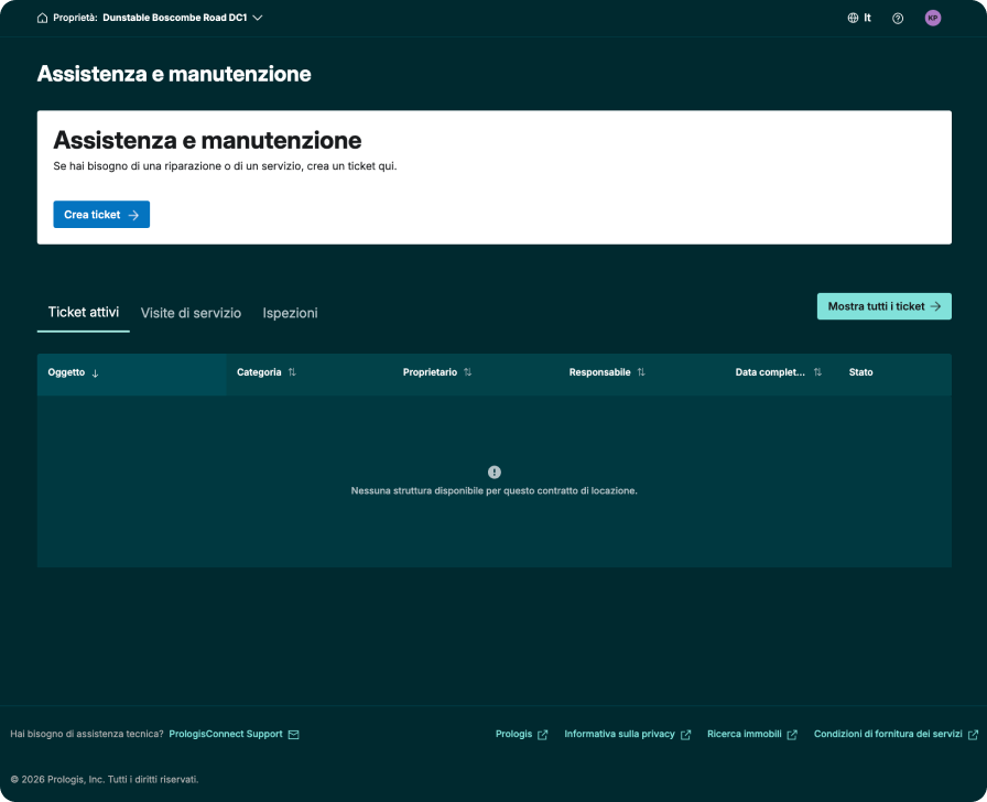 Ekran zgłoszeń serwisowych PrologisConnect z formularzem nowego zgłoszenia oraz statusem otwartych zleceń.
