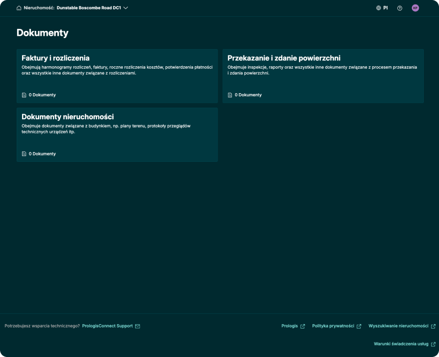 Ekran dokumentów PrologisConnect z dokumentami dotyczącymi nieruchomości i umowy najmu, uporządkowanymi w jednym bezpiecznym portalu, aby zapewnić łatwy dostęp.
