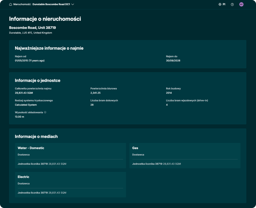 Widok operacyjny PrologisConnect z informacjami o nieruchomości i najważniejszymi danymi w jednym bezpiecznym portalu.
