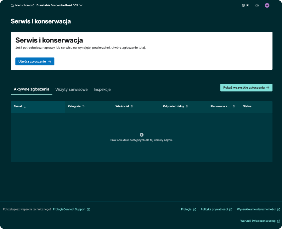 Ekran zgłoszeń serwisowych PrologisConnect z formularzem nowego zgłoszenia oraz statusem otwartych zleceń.
