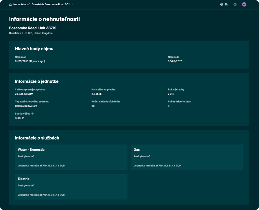 Ukážka prehľadu prevádzky v zabezpečenom portáli PrologisConnect s detailmi o nehnuteľnosti a všetkými dôležitými informáciami na jednom mieste.
