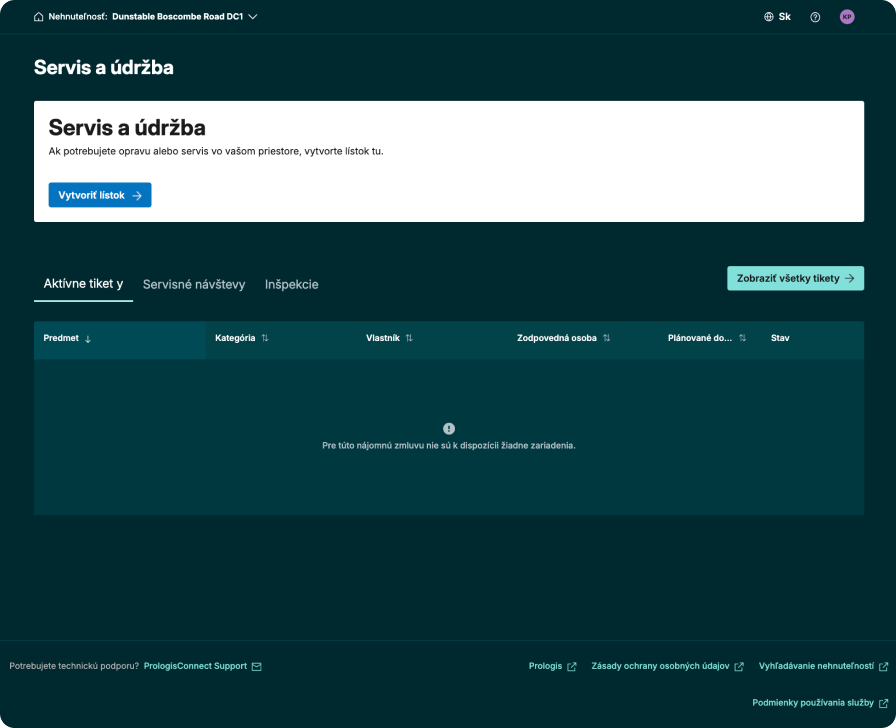 Ukážka rozhrania PrologisConnect s formulárom na vytvorenie novej servisnej požiadavky a prehľadom otvorených požiadaviek na údržbu.
