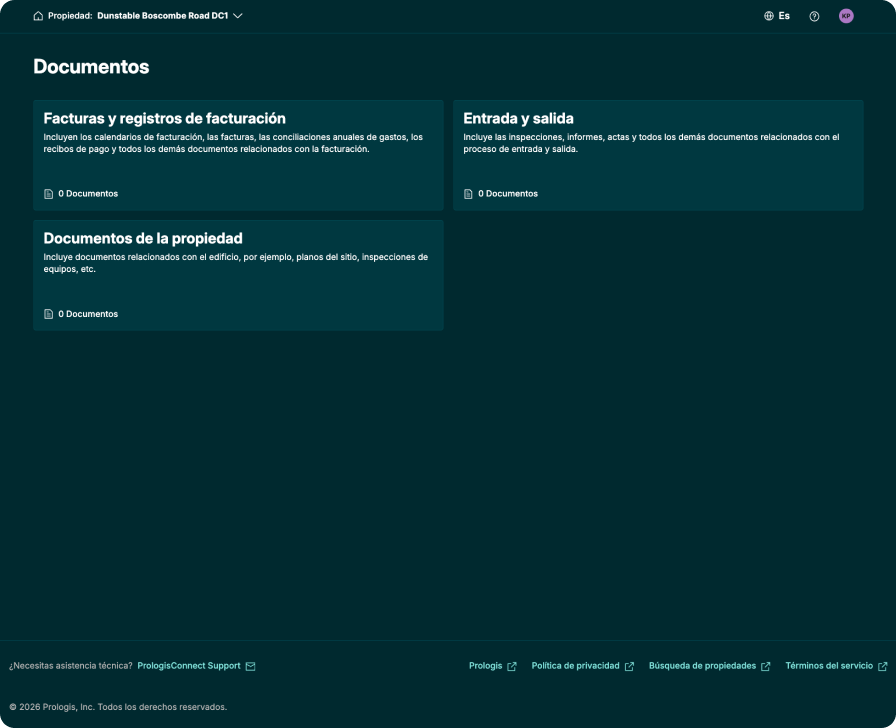 Pantalla de documentos de PrologisConnect que muestra los documentos de la propiedad y del contrato de arrendamiento organizados en un único portal seguro para facilitar el acceso.
