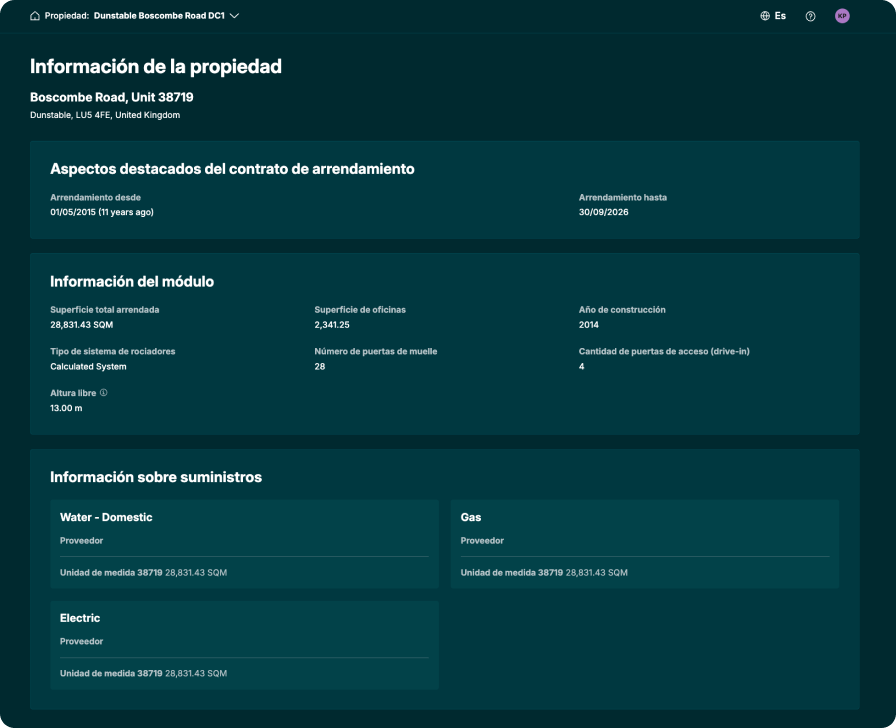 Vista operativa de PrologisConnect que muestra los datos de la propiedad y la información clave en un único portal seguro.
