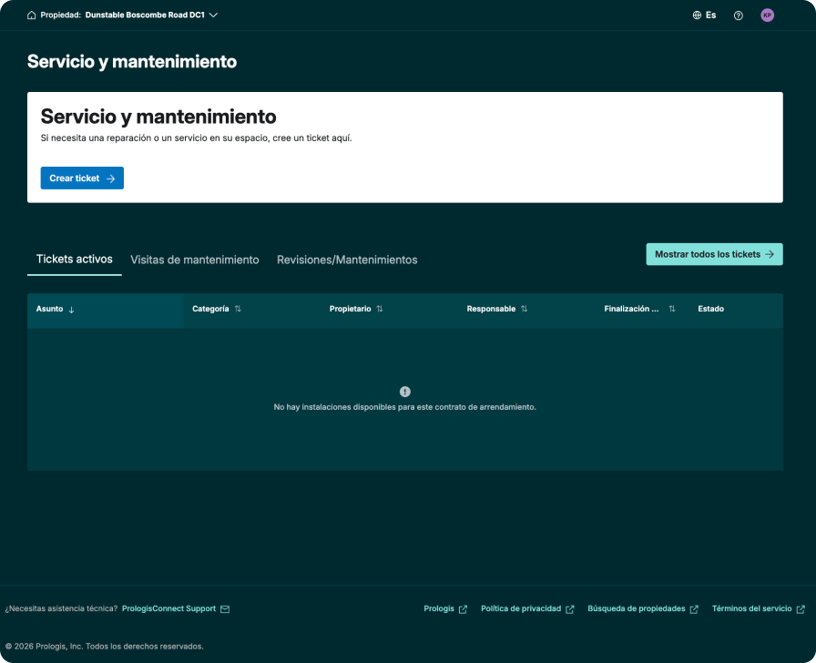 Pantalla de solicitudes de servicio de PrologisConnect que muestra un formulario para enviar una nueva solicitud de servicio y el estado de las solicitudes de mantenimiento abiertas.
