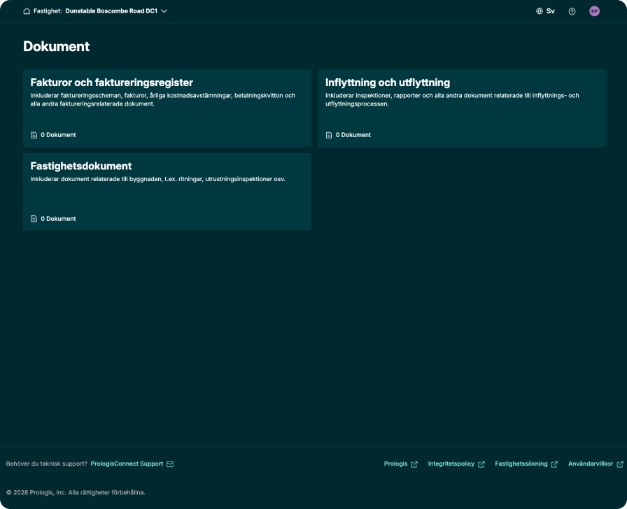 PrologisConnects dokumentvy med fastighets- och hyresavtalsdokument samlade i en säker portal för enkel åtkomst.
