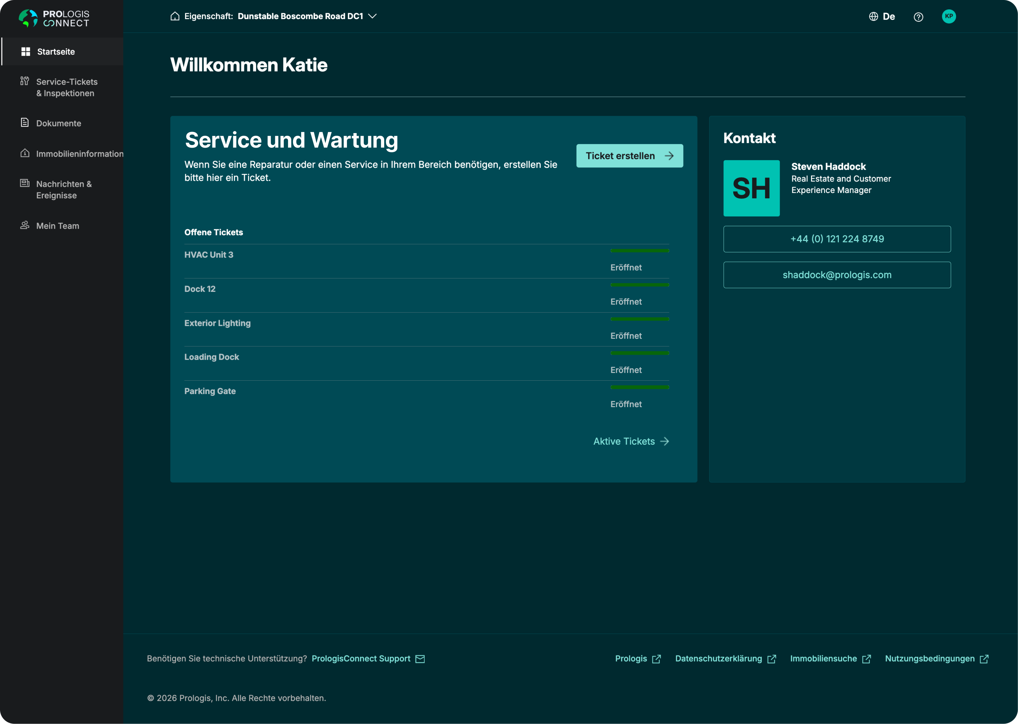 PrologisConnect Dashboard mit Immobilieninformationen, Dokumenten, Serviceanfragen und Kontakt zum Kundensupport.
