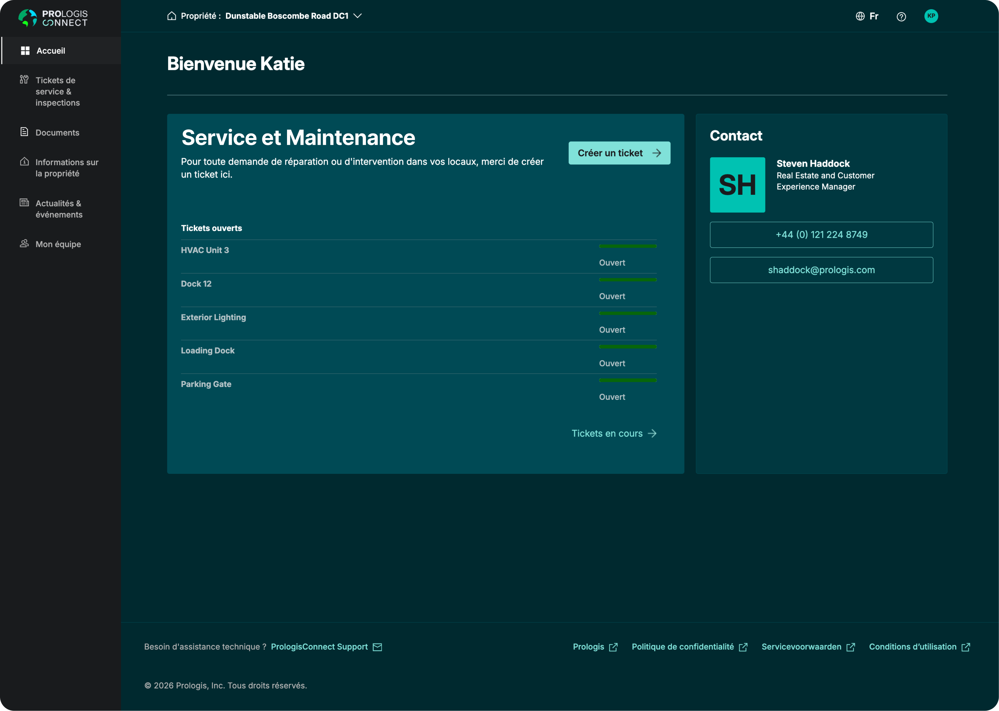 Tableau de bord PrologisConnect affichant les informations sur le site, les documents, les demandes d'intervention et les coordonnées du support client.
