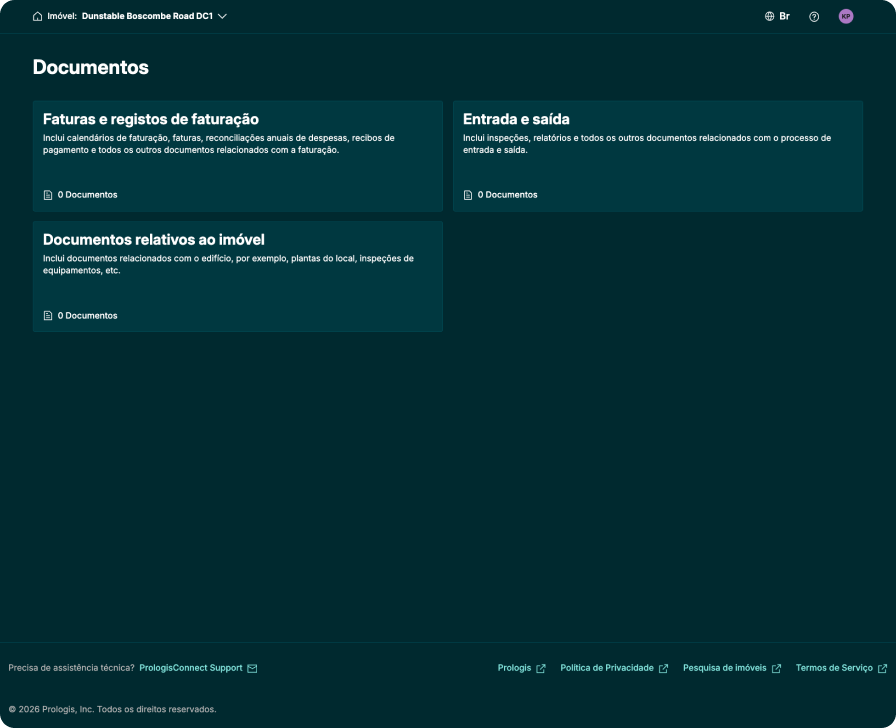 Tela de documentos do PrologisConnect, exibindo documentos do galpão e do contrato organizados em um único portal seguro para fácil acesso.
