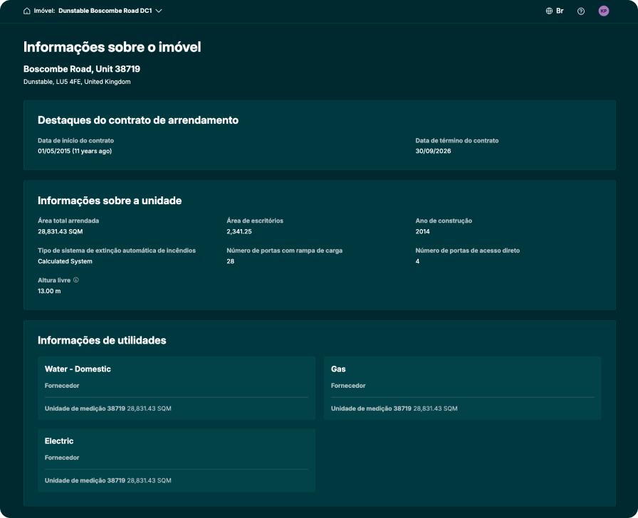 Visualização da área de Operações do PrologisConnect, exibindo detalhes do galpão e informações essenciais em um único portal seguro.
