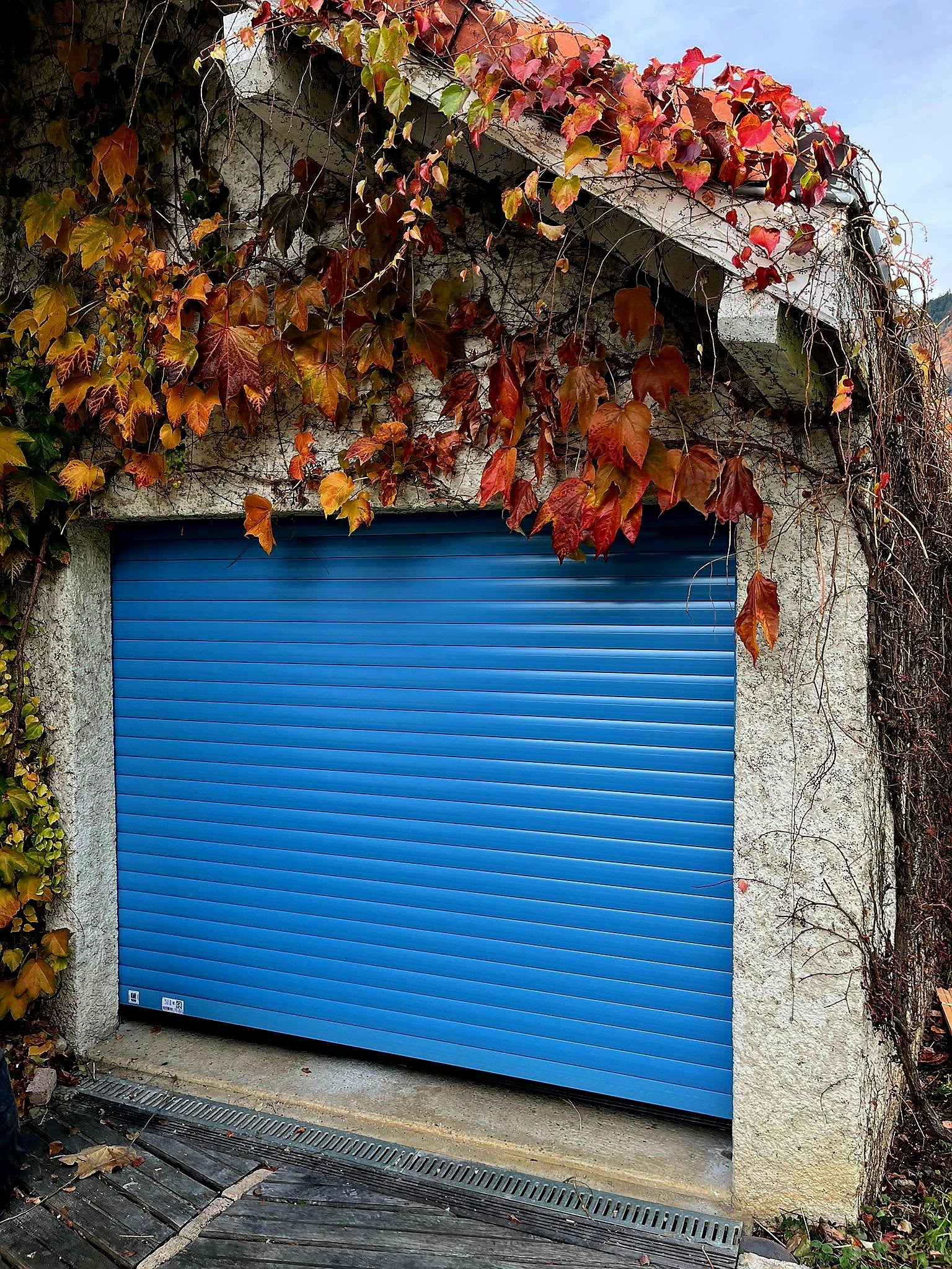 Entrée d'une maison moderne avec portillon en métal noir et chemin pavé sur herbe verte.